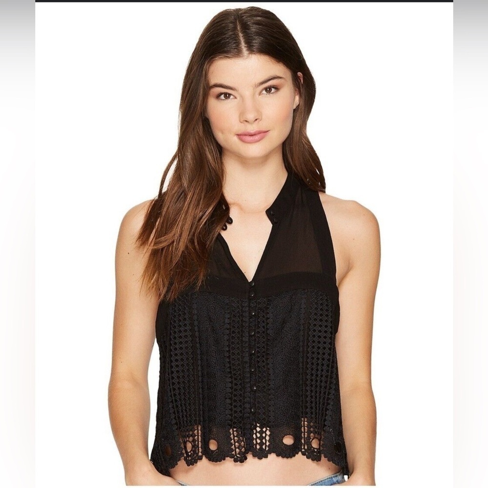 Free People Womens Black Crochet Keyhole Tank Top Size Small